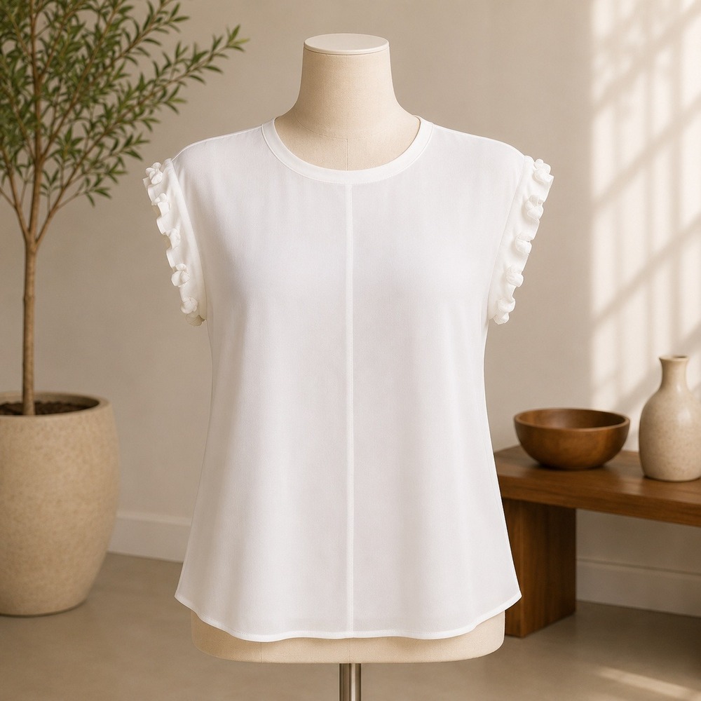 NWT T Tahari Ruffle Sleeve Blouse Womens Small White Crew Neck Knit Trim Top
